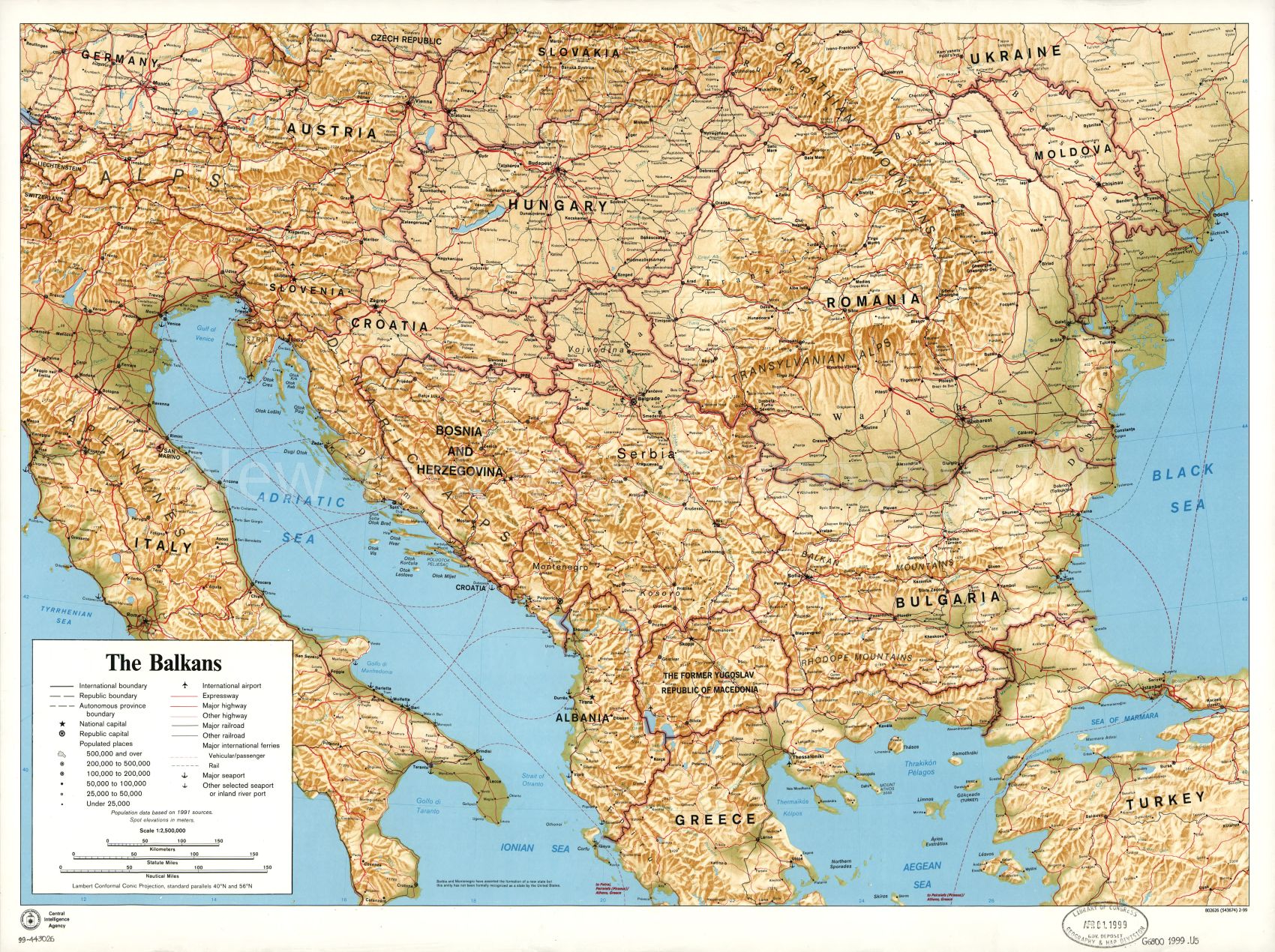1999 Map| The Balkans| Balkan Peninsula, Physical Map Size: 18 inches x